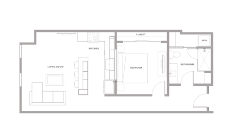 Floor plan for 1 bed, 1 bath, 795 sqft